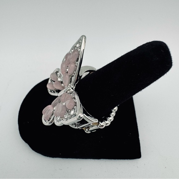 PINK Butterfly Rhinestone Ring Silver Tone Size Adjustable Stretch Bug Insect - Picture 6 of 8